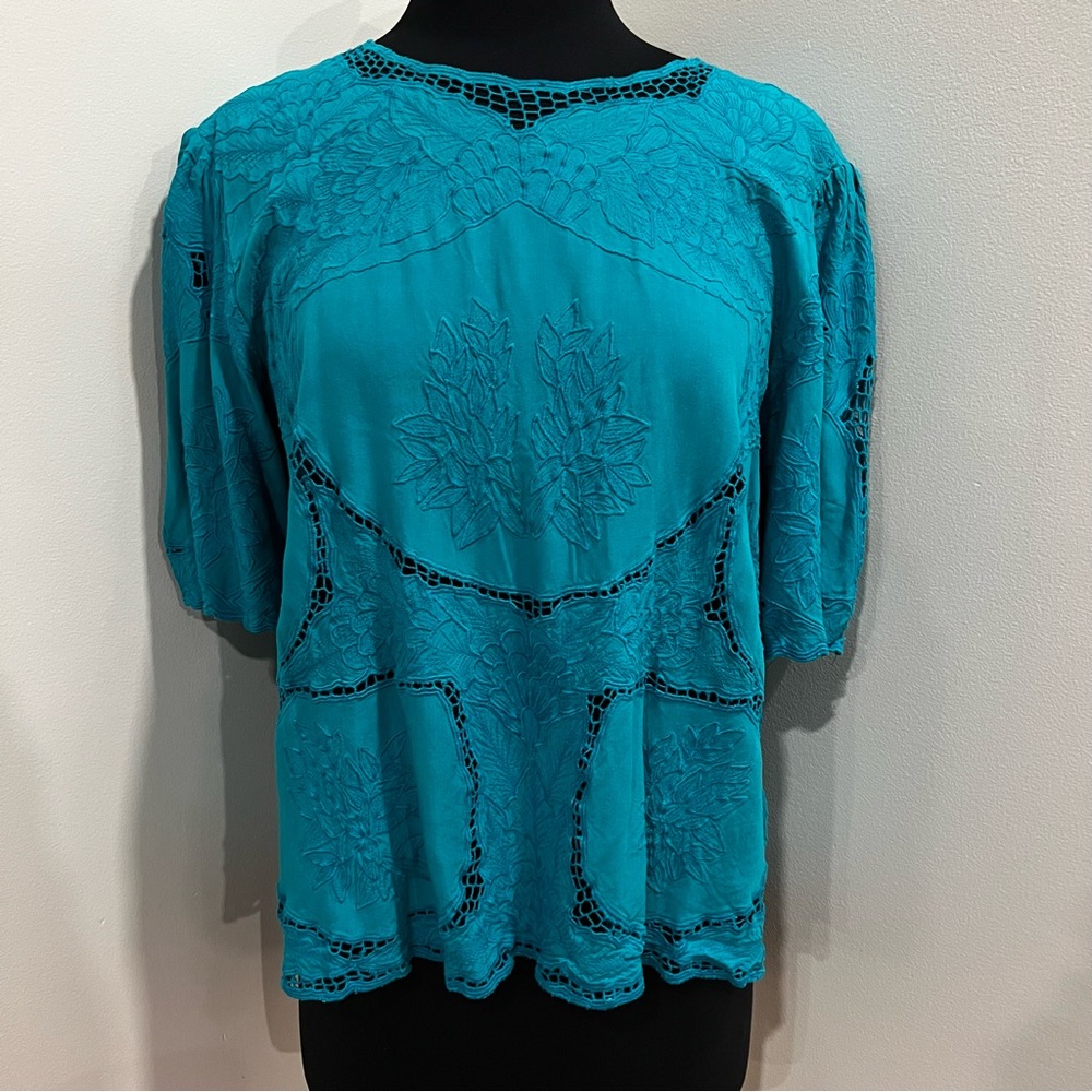 Vintage Turquoise Laser Cut Floral Top Medium Boho Y2K Festival Mesh Detail